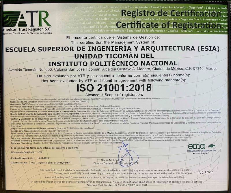 Norma ISO 2100:2018 de la Escuela Superior de Ingeniería y Arquitectura, unidad Ticomán