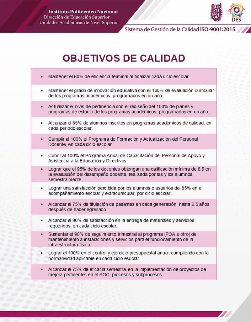 Objetivos de Calidad SGOE ESIA Ticomán